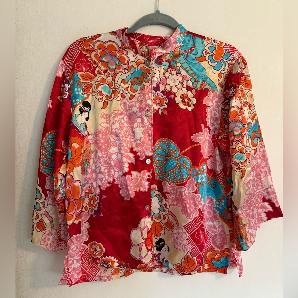 Natori Button Up Floral Printed Satin Pajama Top Size Small